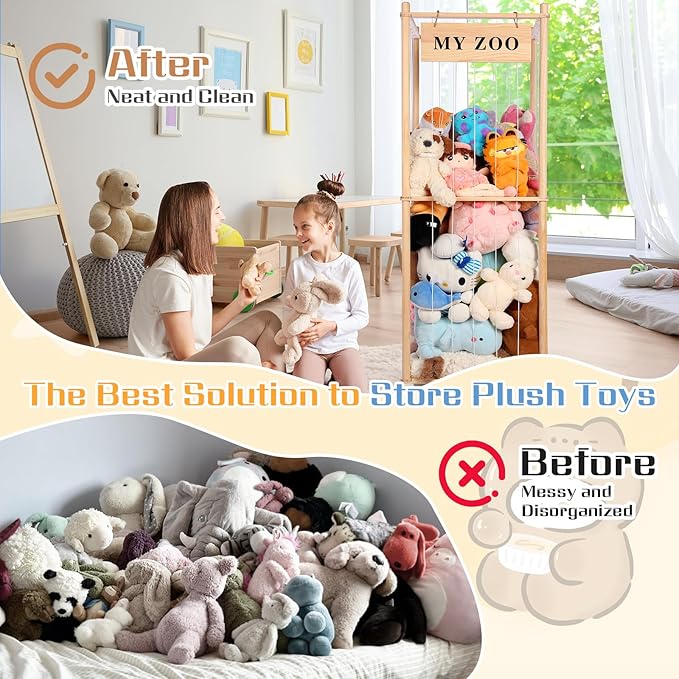 Stuffed Animal Storage Zoo with Wheels, Wooden Stuffed Animal Organizer with Elastic Cords, Space Saving Toy Plushies Storage Holder for Playroom, Bedroom, Living Room(Burlywood, Large)