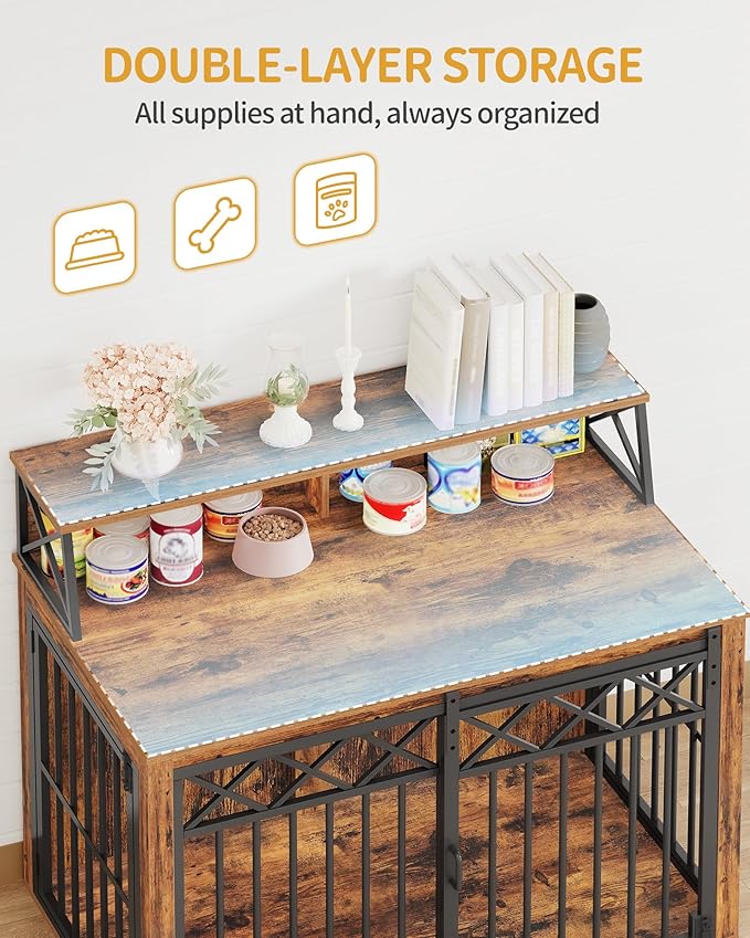 39.4'' Dog Crate Furniture, Large Wooden Dog Crate with Storage and 3 Doors, Indoor Kennel for Medium/Large Dogs, End Table with Barn Door, Chew-Proof and Escape-Proof, Rustic Brown DFC87401B