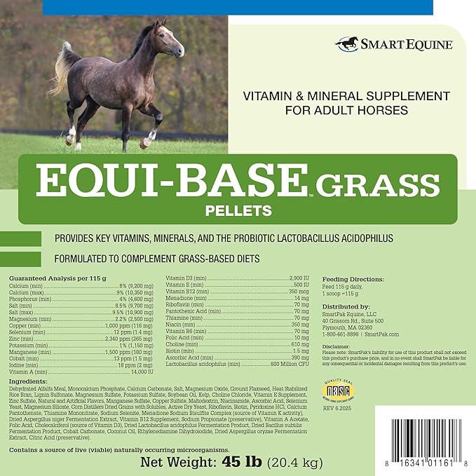 SmartEquine EquiBase Grass Pellets | Horse Vitamins & Minerals Supplement, Forage Balancer | Horses in Light to Moderate Work | 45 lb Bucket