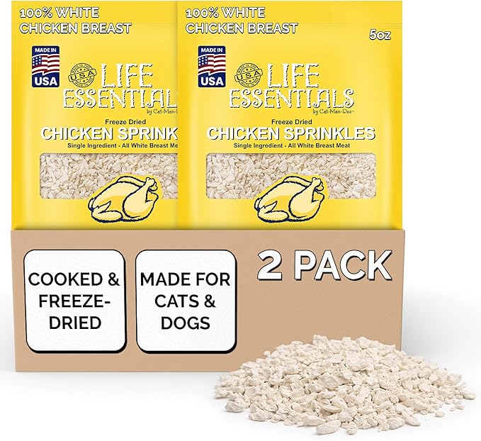 Life Essentials by Cat-Man-Doo Freeze Dried Chicken Sprinkles Dog & Cat Treats, Healthy Single Ingredient Training Treats for Dogs, Puppies & Cats, Made with Real Chicken – 5 oz (2 Pack)