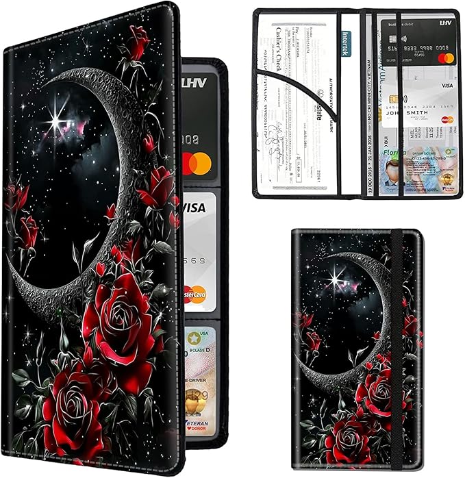 Car Registration and Insurance Holder,Leather Insurance License and Registration Card Holder for Car Glove Box, Auto Truck Document Holder Organizer for Men Women-Moon with Red Rose Flower