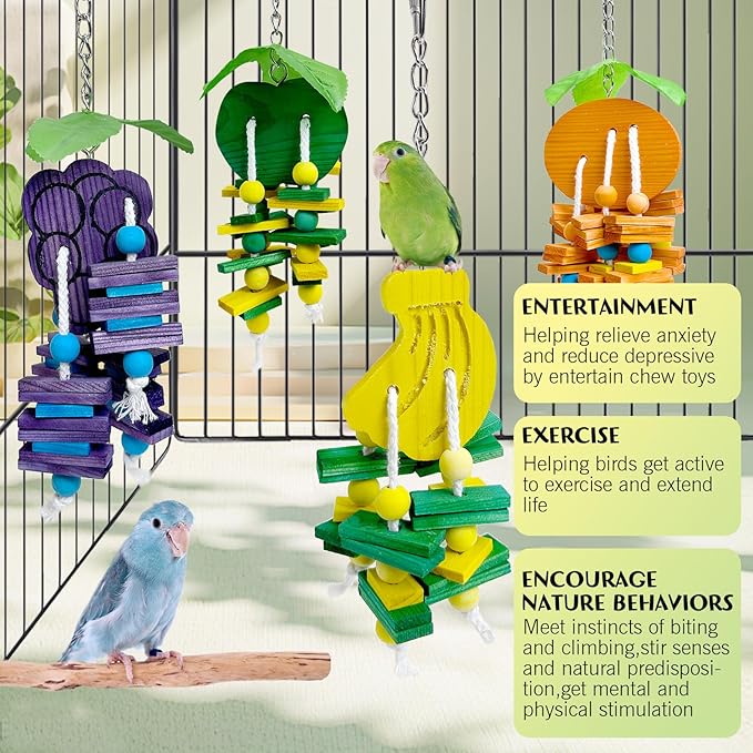 Hamiledyi Natural Wood Block Bird Cage Toys Parrot Chewing Toy Orange&Apple& Banana&Grapes Shaped Hanging Foraging Toy for Small&Medium Birds Parakeets Cockatiels,4pcs