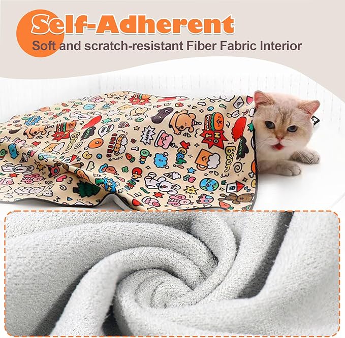 Cat Grooming Wrap, Cat Wrap Self-Adherent, Anti-Scratch Anti-Bite, Anti-Escape Grooming Bag for Cats Nail Clipping, Ear Cleaning, and Teeth Brushing (19.7 × 19.7" Cat Prints)