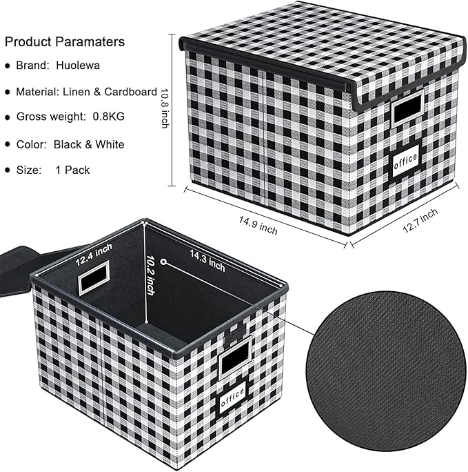 Huolewa Decorative Collapsible File Storage Organizer Boxes with Lids, Hanging Filing & Storage Boxes for Office/Decor/Home, Filing System for File and Folders Storag - (Black & White Lattice)