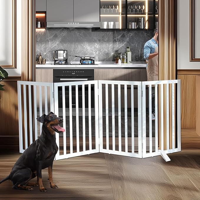 ZJSF Freestanding Indoor Dog Gate for House Foldable Wood White Puppy Gate for Doorways Pet Gate for Stairs Extra Wide Pet Fence 32" Height 4 Panels