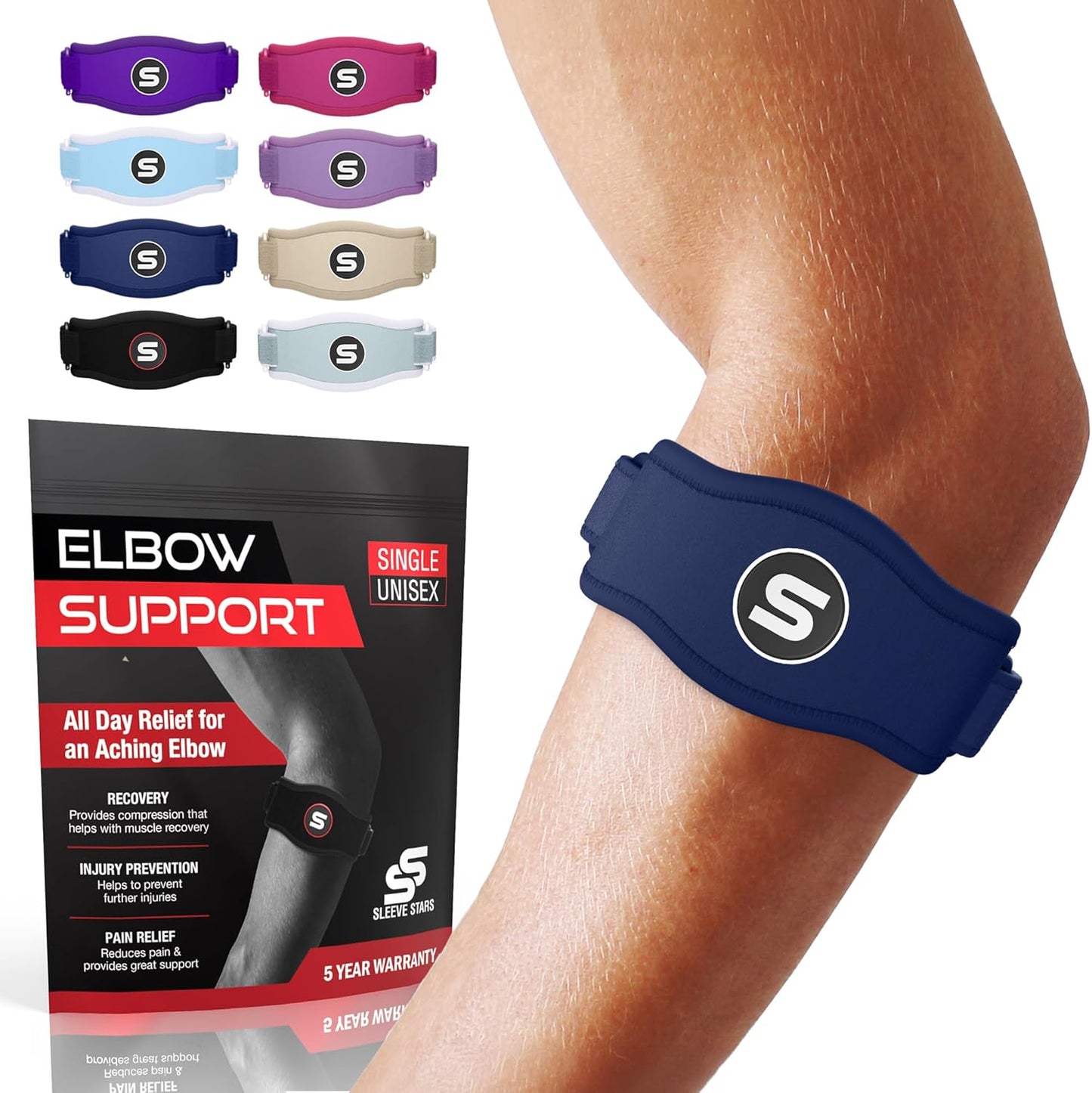 Sleeve Stars Tennis Elbow Brace for Women - Adjustable Tennis Elbow Strap, Golfers Elbow Brace for Men, Counterforce Brace for Tendonitis Relief, Fits 9"-23" (Pair/Navy Blue)