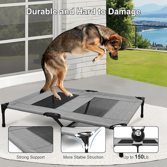 Raised Dog Bed Cooling Cot for Indoor Outdoor Use Portable Waterproof Mesh Pet Bed Washable for Large Medium Small Dogs, Grey