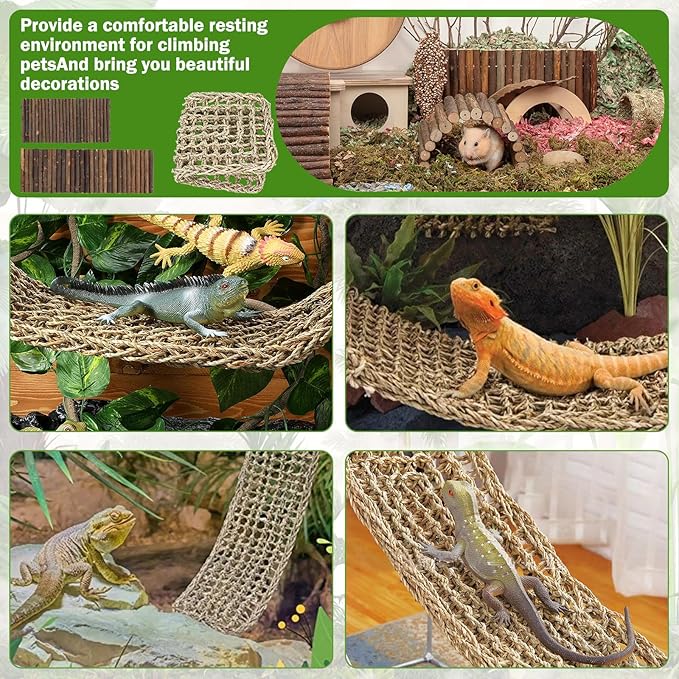 Bearded Dragon Tank Accessories, 3pack Reptile Habitat Hammock Natural Seagrass and Natural Wood Bendable Bridge for Climbing, Hermit Crab, Lizard, Mice, Spiders, Turtle, Snake
