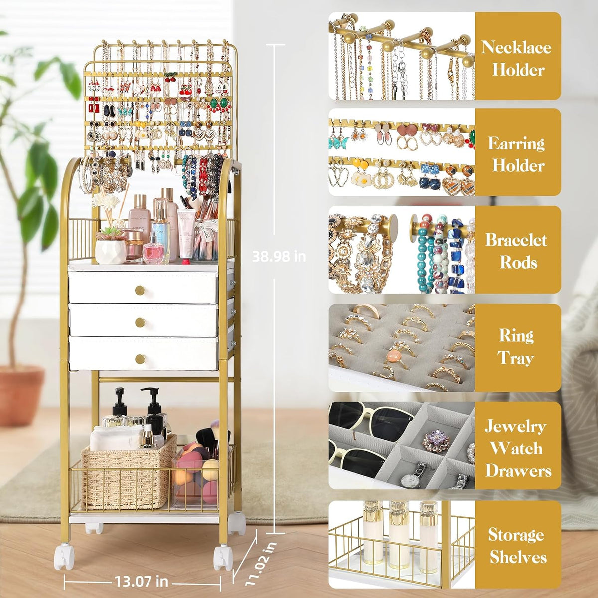 Keebofly Large Floor Jewelry Organizer Stand with 3 Drawers - Gold