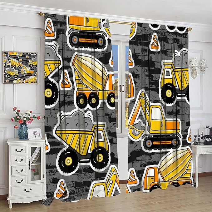 Kids Construction Excavator Window Curtains