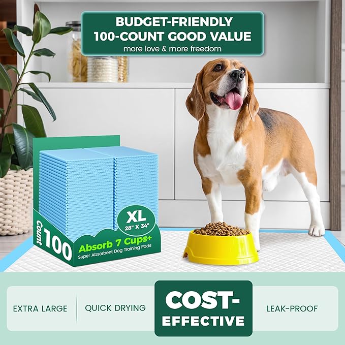 100 Count Dog Pee Pads Extra Large 28"x34", Super Absorbent X-Large 100 Pack Puppy Pads Leak-Proof & Quick-Dry Disposable XL Potty Pee Pads for Dogs, Puppies, Doggy