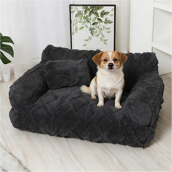Plush Calming Pet Sofa Bed, Raised Rim, Removable Cover & Non-Slip Bottom for Cats & Dogs, Calming Dog Bed Fluffy Plush Dog Mat for Furniture Protector with Removable Washable Cover (Black, Large)