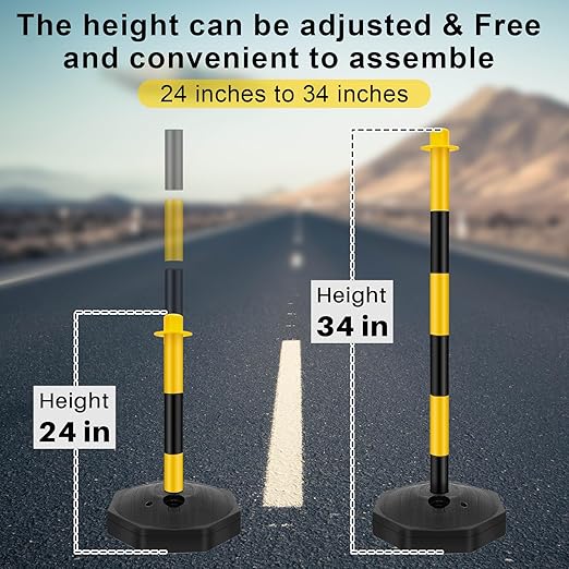 Konohan 4 Sets 34 Inch Parking Cone Delineators Post Traffic Cone Plastic Stanchion Set Stands Parking Barrier with Base 6.6 ft Chain S Hooks Reflective Collar (Yellow,Black)