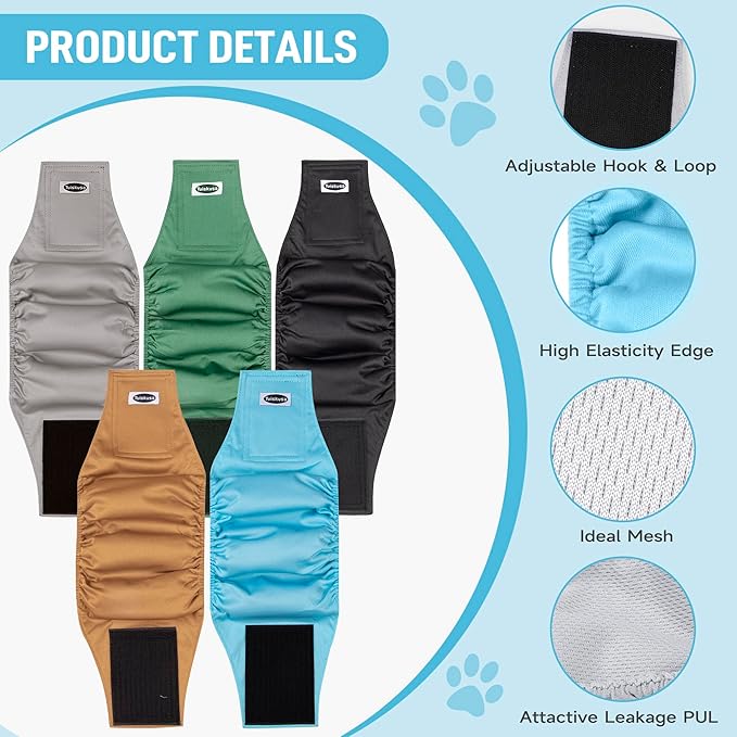 Male Dog Diapers, High Absorbing Dog Belly Bands for Male Dogs, Washable Reusable Dog Male Wraps(5 Pack)