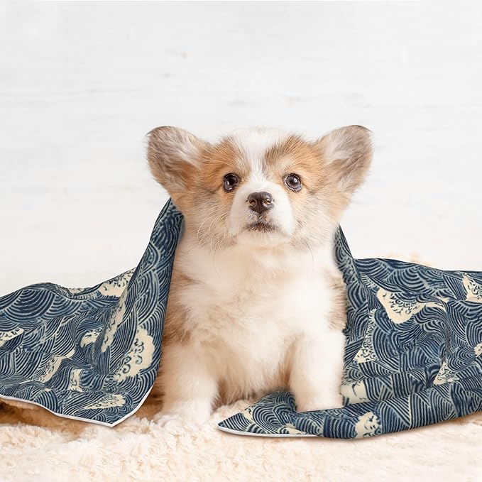 Waterproof Dog Blanket Soft Pet Blanket for Puppy Cat, Fleece Cat Throw Blankets for Furniture Bed Couch Sofa Reversible - Japanese Water Wave 1
