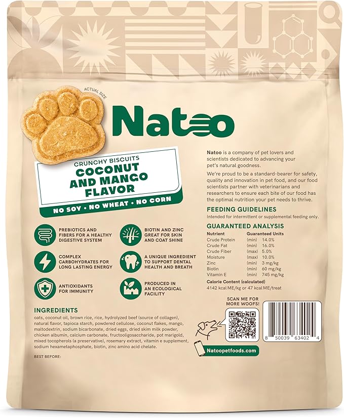 NATOO Healthy Treats for Large Dogs, Crunchy Biscuits Coconut & Mango Flavor – Natural Dog Treats, Rich in Omega 6, Prebiotics & Fiber, Antioxidants for Immunity (8 oz)
