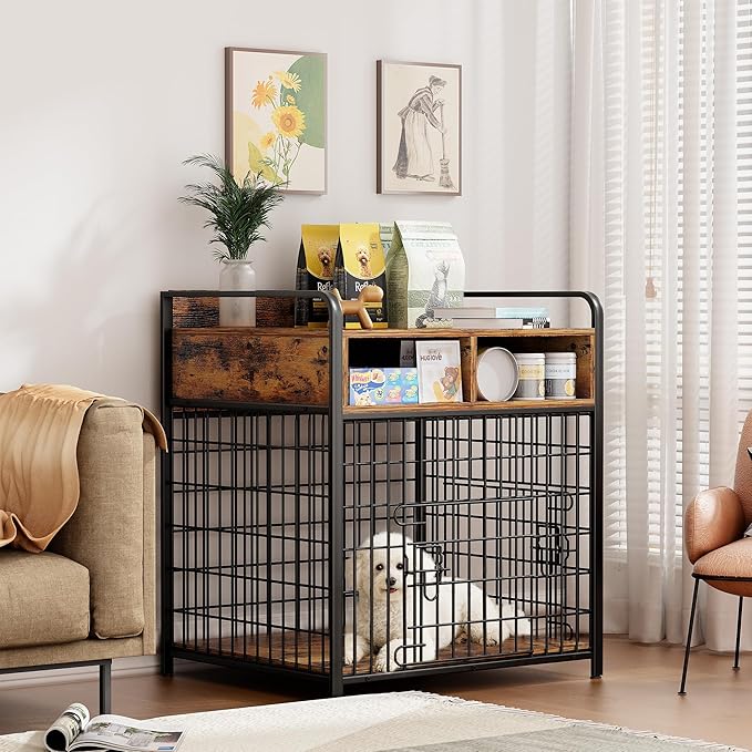 Small Dog Crate Furniture with Drawers Storage, Puppy Dog Kennel Indoor with Double Doors, Heavy Duty Wooden Dog Cage Table, Sturdy Metal, Rustic Brown