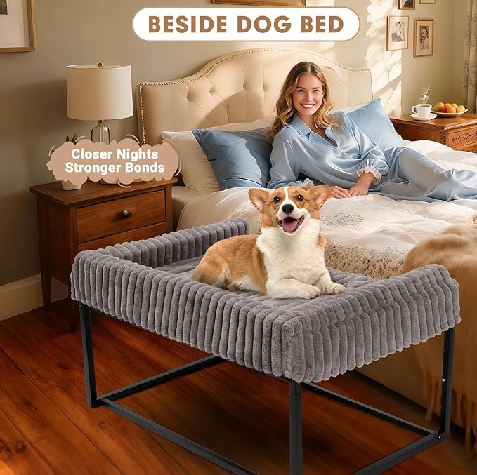 Adjustable Bedside Dog Bed for Large Dogs, Elevated Dog Co-Sleeper with Metal Frame, Memory Foam Mattress & Washable Corduroy Cover, Pet Bedside Sleeper for Dogs & Cats