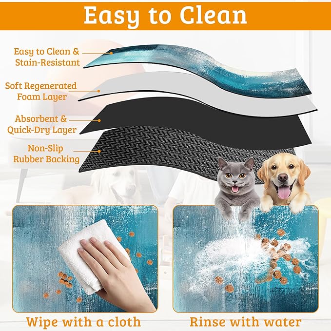 Pet Feeding Mat,Art Painting Absorbent Dog Cat Food Mat Grey Blue Dog Mat with Rubber Backing,Non-Slip Water Bowl Placemat,Pet Supplies 16" x 24"