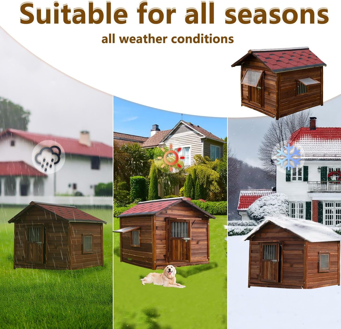 Outdoor Dog House, Solid Pine Wood Dog House with Waterproof Roof, Small Pet House with Elevated Floor and Window for Small Medium Dog, L