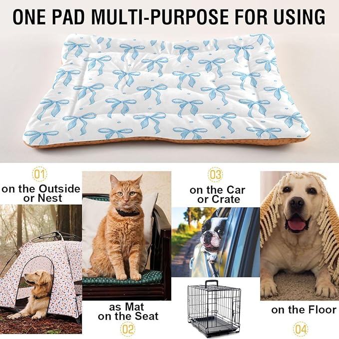 Blue Ribbon Bow Dog Bed Mat Cat Crate Pad with Non-Slip Bottom, Washable Soft Pet Kennel Beds for Small Medium Large Dogs, 24"x18"