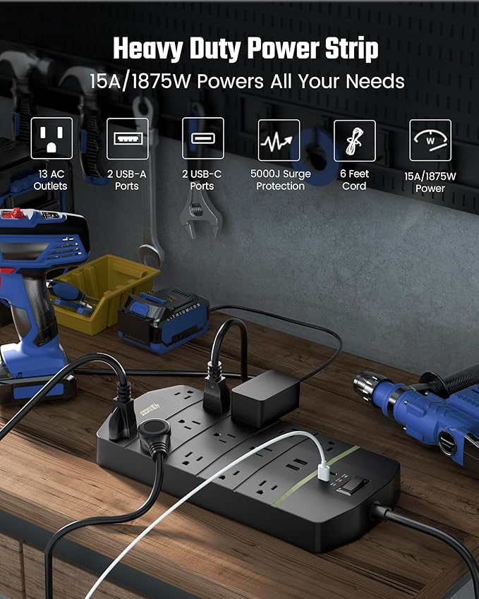Power Strip,SUPERDANNY 5000 Joules Surge Protector with 13 AC Outlets 2 USB-A & 2 USB-C PD 20W Fast Charging Heavy Duty 14AWG/3C Industrial Grade Extension Cord for Workbench Home Office Black