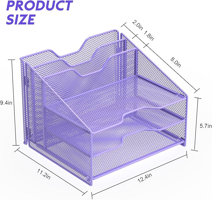 Samstar Purple Desk File Organizer, Mesh Letter File Folder Holder with 3 Paper Trays and 2 Vertical Upright Section, for Office Supplies, Desk Accessories & Workspace, Purple