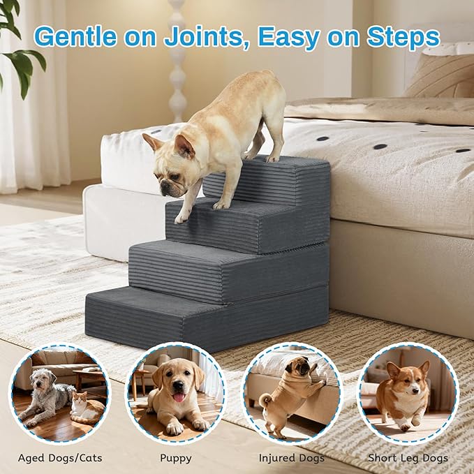 Dog Stairs for Small Dogs, 4 Step Pet Stairs for High Beds and Couch, Dog Steps for Bed Balanced 18" H, Foldable Pet Ramp for Large Cats Climb, Non-Slip Bottom Doggy Step, Dark Grey