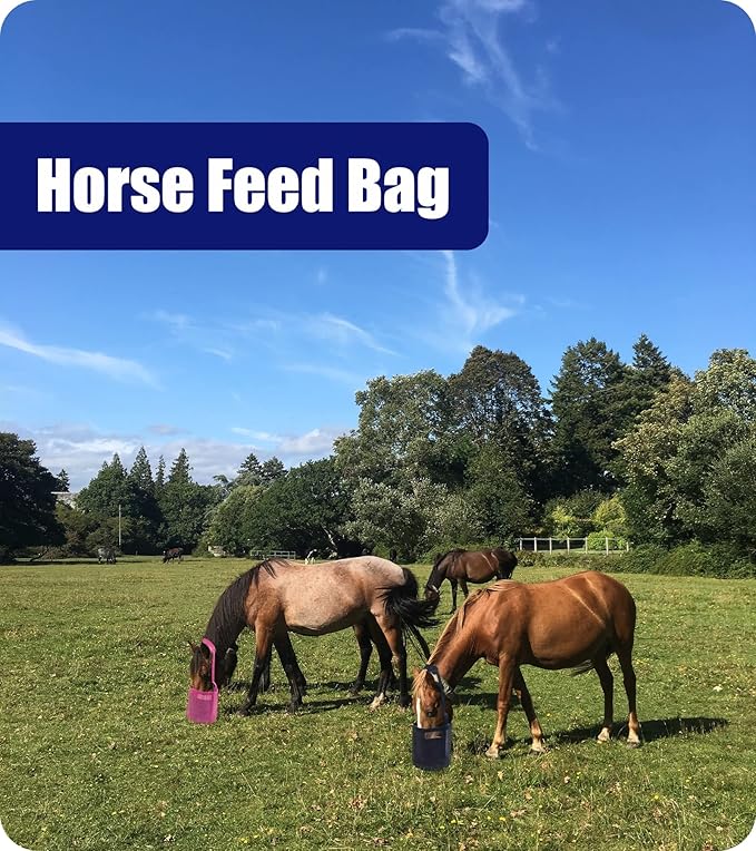 Horse Feed Bag for Grain - Heavy Duty Mesh Horse Feeder with Adjustable Strap,Comfort Neck Pad,Nose Pad Horse Muzzle Feed Bag(Medium,Pink)