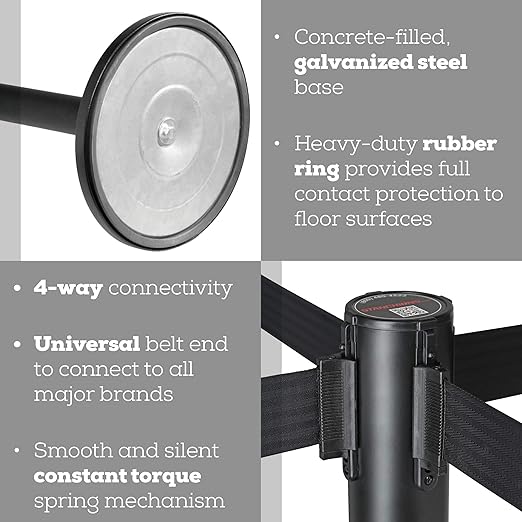 Qbuster Black Stanchions with Retractable Belts, Crowd Control Safety Barrier with 11’ Black Belts, 1 Sign Holder, Set of 8 Posts