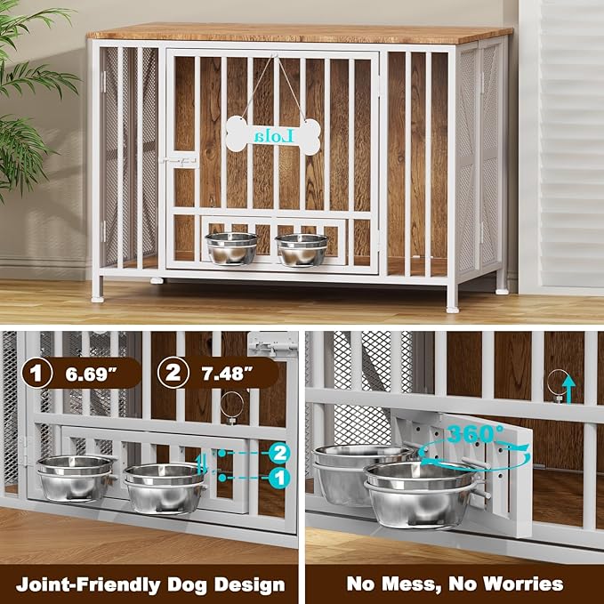Easycom Foldable Large Dog Crate Furniture, 41.3" Assembly-Free Dog Crates for Large Dogs, Decorative Wooden Dog Kennel Indoor with Tag & Dog Bowls, Dog Cage Use as TV Stand, White & Beech