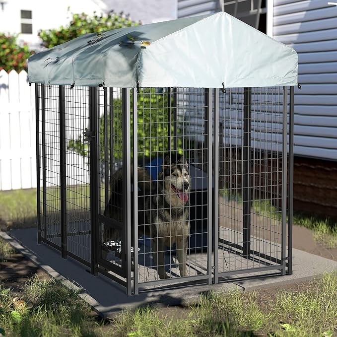 LEMBERI 6x4x6 FT Outdoor Dog Kennel for Large Dogs, Heavy Duty Welded Wire Steel Dog Playpen Fence with Secure Lock, Pet Pen with UV-Resistant Waterproof Roof Cover for Outside