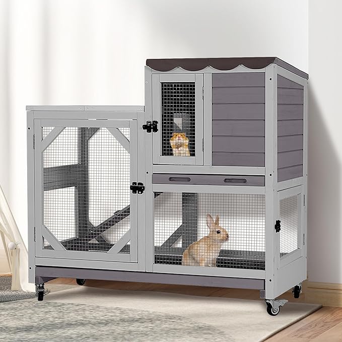 GUTINNEEN Duplex Rabbit Hutch Indoor with Chew-Proof Frame & 2 Leak-Proof Sliding Trays, Rain Cover, Wooden Guinea Pig Cages with Wheels - Grey