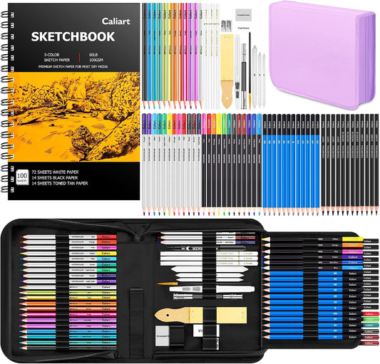 Caliart 176PCS Art Supplies Sketching Kit, 100 Sheets 3-Color Sketch Book