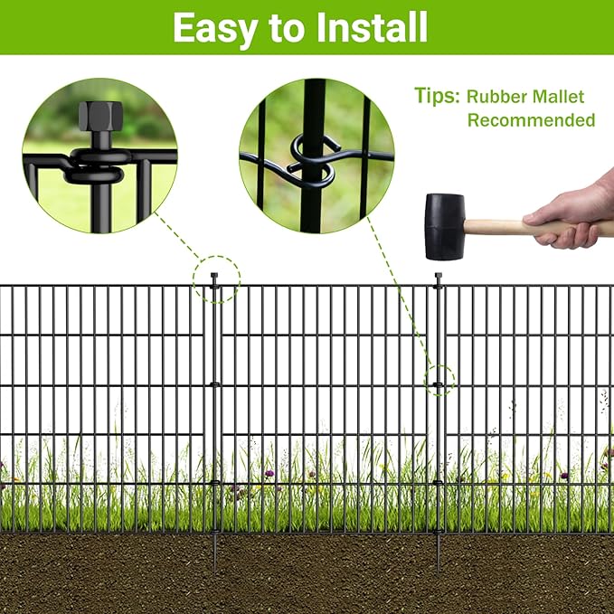 5 Panels No Dig Decorative Outdoor Garden Fence with Gate for Yard, 48 in(H) X 13.13 ft(L) Animal Barrier Fencing Rustproof Metal Wire Panel Border for Dog, Rabbits, and Patio Temporary Ground Stakes