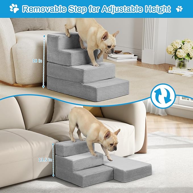 Dog Stairs for Small Dogs, 4 Step Pet Stairs for High Beds and Couch, Dog Steps for Bed Balanced 18" H, Foldable Pet Ramp for Large Cats Climb, Non-Slip Bottom Doggy Step, Light Grey