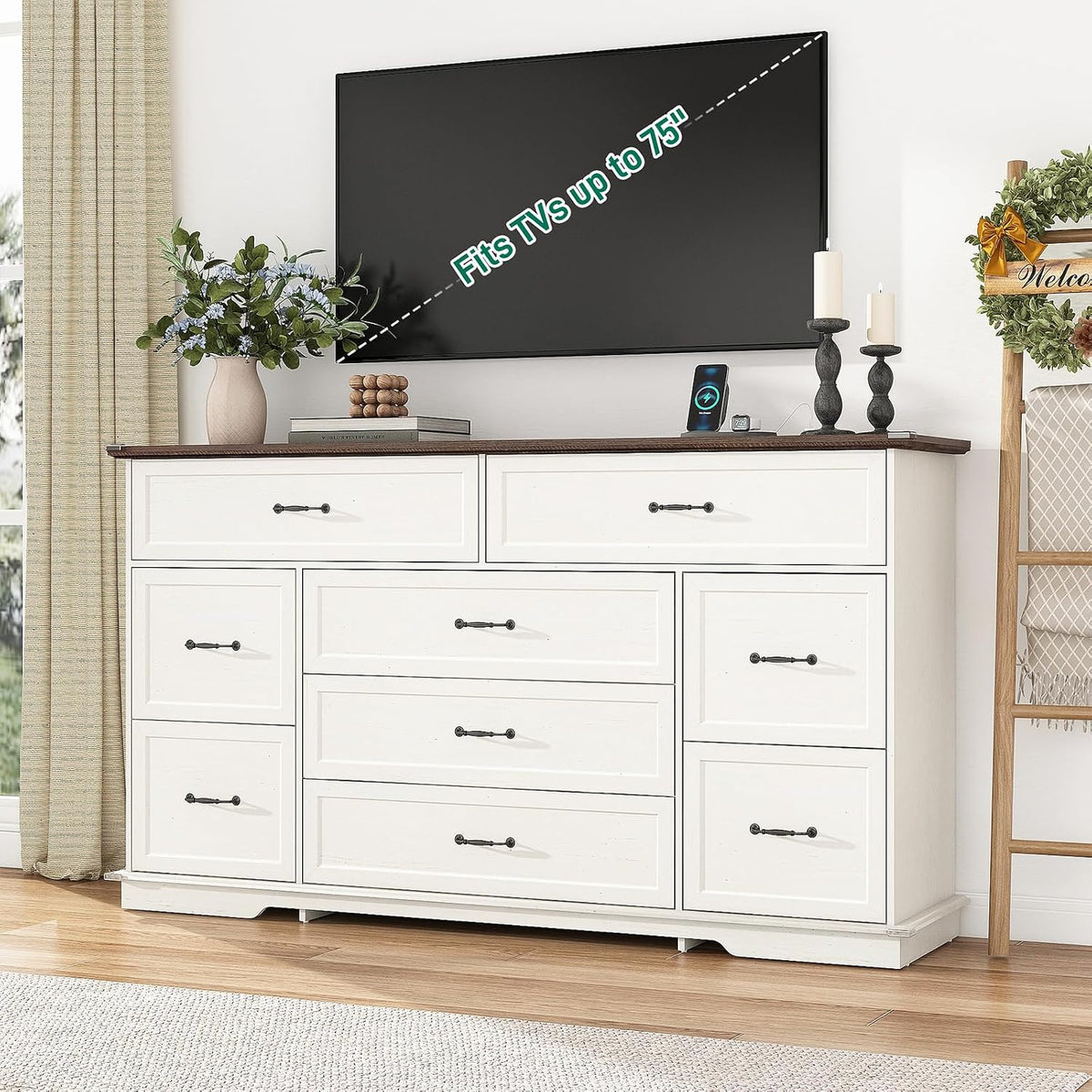 jiteentarou Farmhouse 9 Drawer Dresser for Bedroom,63” Wood Dresser & Chest of Drawers with Power Outlets,Large & Wide Dressers for Bedroom,Tall Storage Dresser Organizer(White)