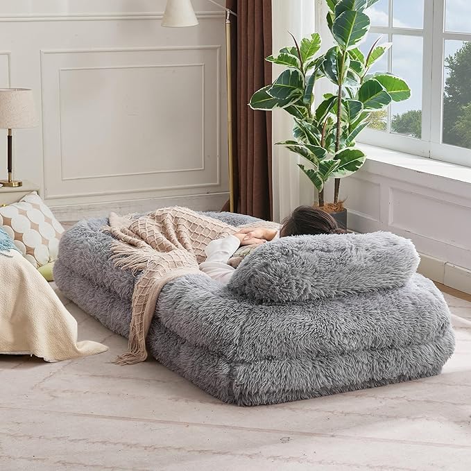 Human Dog Bed for Adult and Kids, Comfy Foldable Lazy Floor Sofa Bed with 5 Adjustable Position, Grey Upholstered Floor Bean Bag Lounger Chair for Bedroom, Living Room,Office (Gray)