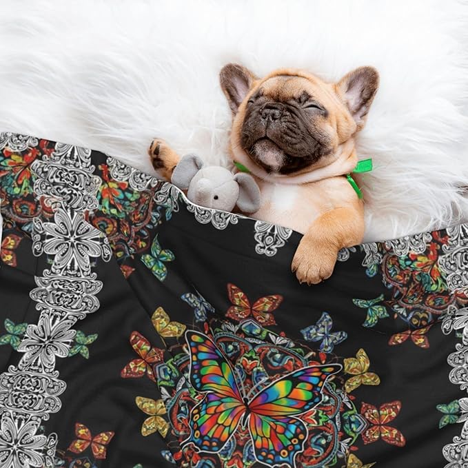Dog and Cat Blanket in One, Butterflies Mandala Rainbow Art Black and White, Double Sided Plush Throw with Raised Dot Pattern on One Side and Flat Velvet on Other for Variety