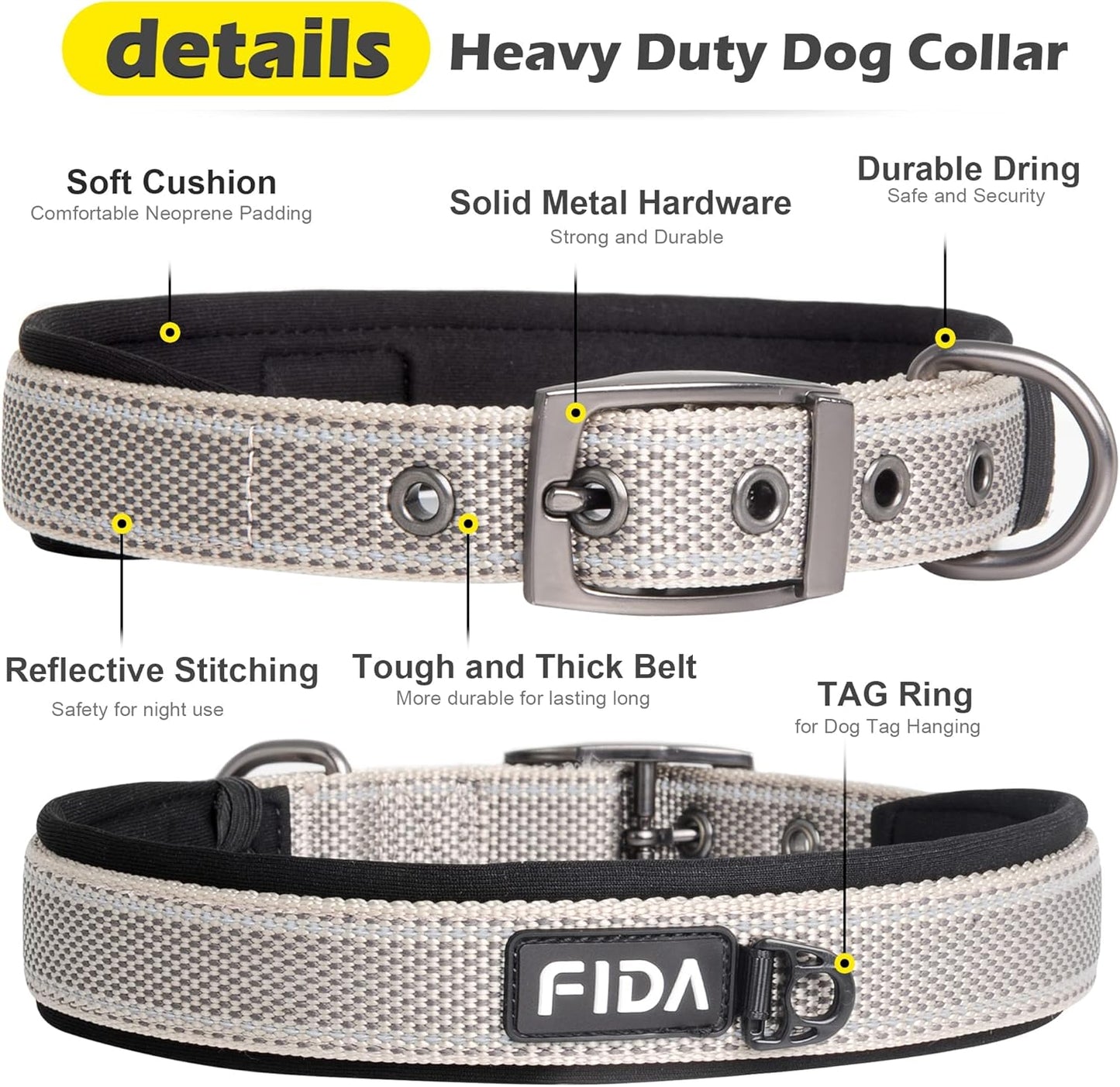 Fida Heavy Duty Dog Collar, Ultra Comfortable Soft Neoprene Padded, Adjustable Reflective Nylon Pet Collar with Durable Metal Belt Buckle for Small Breeds (S, Grey)