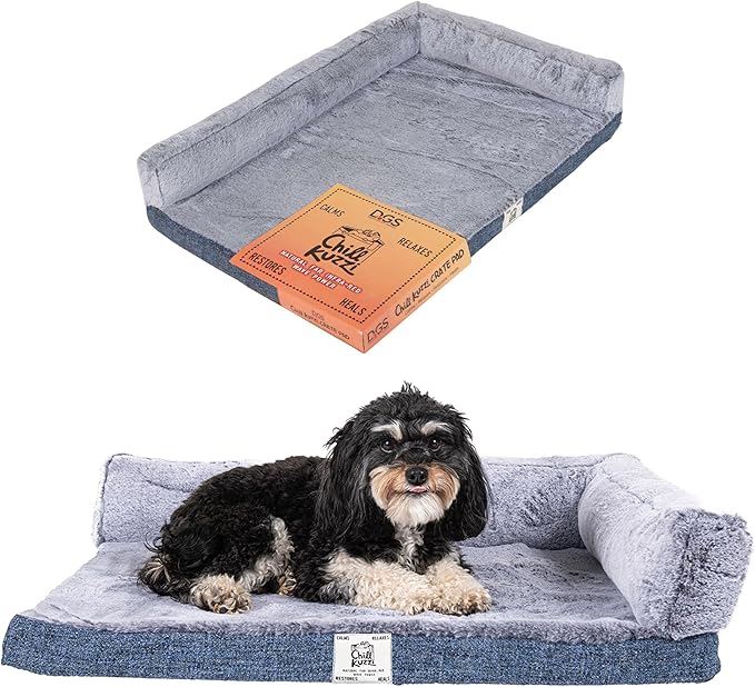 Dog Gone Smart Chill Kuzzi Dual Bolster Crate Pad - Washable Dog Bed Infused with Far Infrared Rays (FIR) - Supportive Plush Cushion for Crates, Travel, and Recovery - Slate Blue, Small 17 x 23 Inches