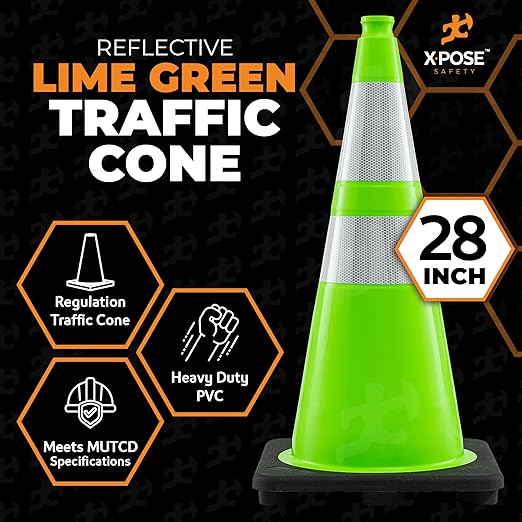28” Lime Green Traffic Cone - Dual 6" & 4" Reflective Collar – 4 Pack - Multipurpose Premium PVC Safety Cone for Parking, Caution, Construction, Road Crews, Emergency Vehicle - Xpose Safety
