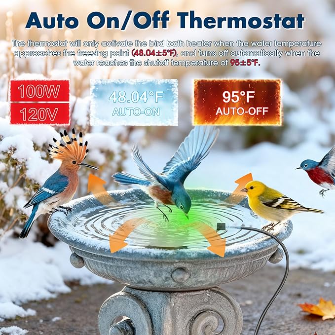 Outdoors 100W Bird Bath Heater for Winter,Birdbath Deicer Pond De-icer Thermostatically Controlled Birdbaths Water Heater with 5.9 Ft Power Cord and Working Indicator Light (White)