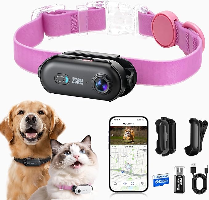 4K UHD Dog& Cat Pet Camera Collar, Video Recorder with Phone App View, Outdoor & Indoor POV Action Cam for Small and Medium-Black Cam-Collar Pink M 64g