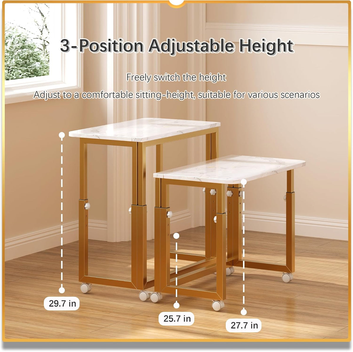 4NM No Tool Assembly 27.5" Small Desk, Folding Portable Desk with Wheels, Foldable Computer Home Office Desks, Collapsible Study Writing Table for Space Saving Bedroom - White Gold