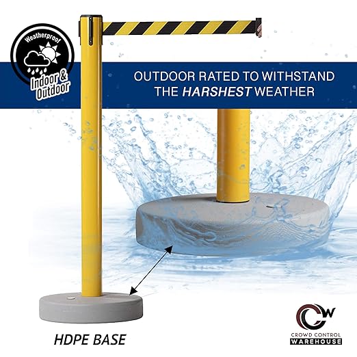 Crowd Control Warehouse CCW Set of 2 Retractable Belt Barrier Stanchion, Water Fillable Base MSH630 (11 Foot Belt, Yellow"Out of Service" Black Letters with Black PVC Plastic Post)