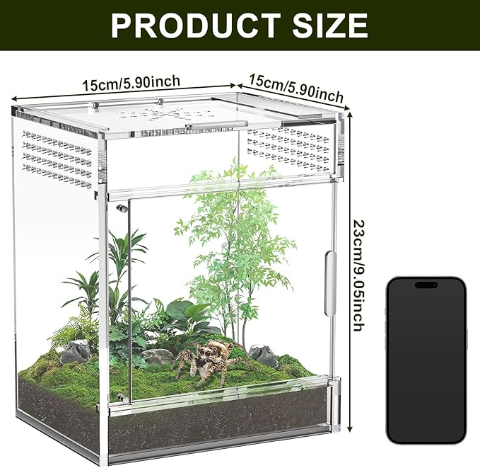 Jumping Spider Enclosure, One-Piece Fully Transparent Acrylic Small Reptile Enclosure, 5.9x5.9x9 inch Small Terrarium for Tree Frogs, Tarantulas, Mantises, Jumping Spiders