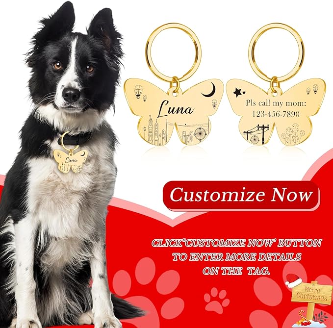 Custom Butterfly Dog Tag - Engraved Personalized Pet ID Tag for Dogs & Cats, Customizable Name, Text, 6 Colors & 3 Sizes, Durable & Cute Pet Collar Charm for Dog Lovers, Pet Mom Dad