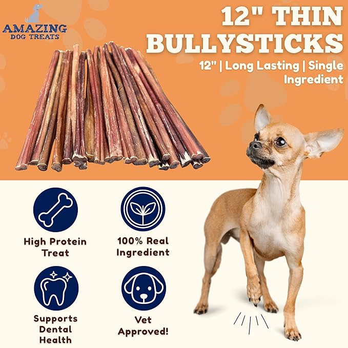 Amazing Dog Treats - Bully Sticks for Small Dogs (12 Inch Small- 100 Count) - Premium Thin Junior Bully Sticks for Dogs
