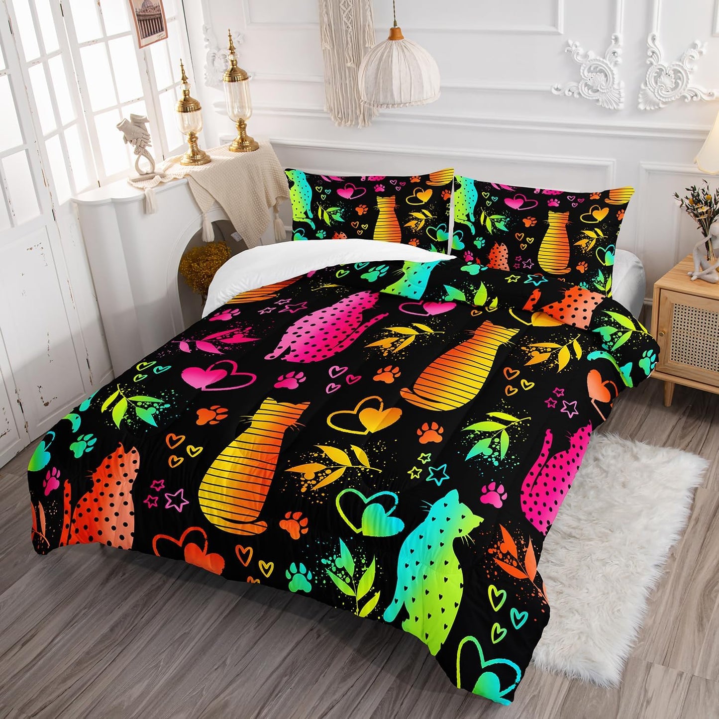Kawaii Cat Animal Comforter 3Pcs Queen Lovely Pet Cat Bedding Set for Kid Teen Girl Boy Adult Room Decor Cartoon Kitten Paw Heart Bamboo Leaf Pattern Quilt with 1 Comforter and 2 Pillowcases
